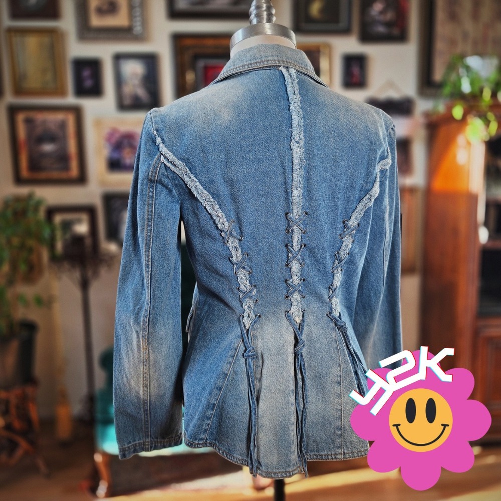 Together‎ Denim Blazer Jacket Vintage Y2K Blue Distressed Lace Up Back Womens 12